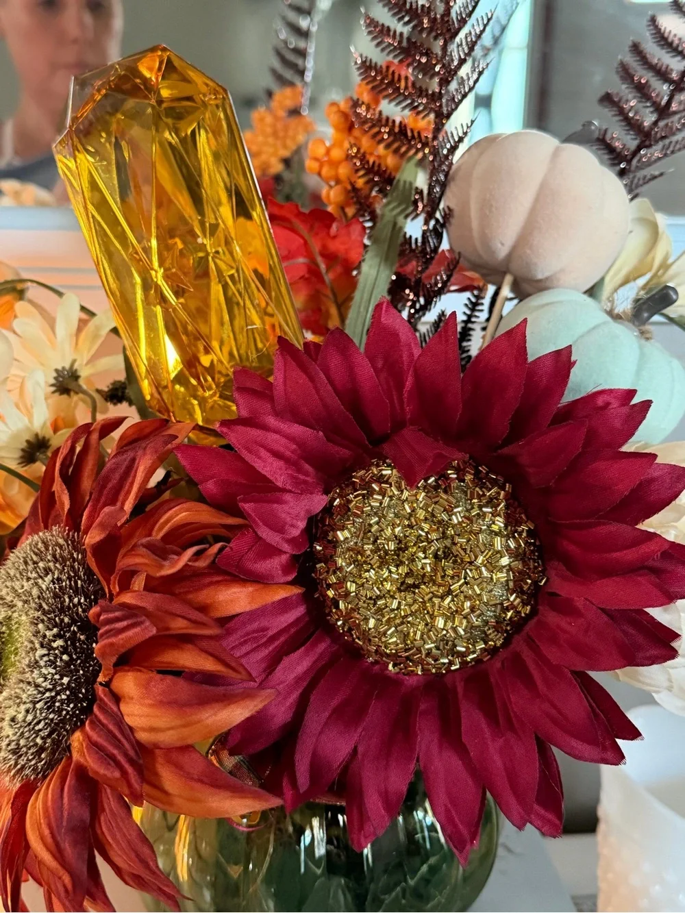 Autumn Sunflower Floral Arrangement - Red & Orange Fall Centerpiece& Amber Gem